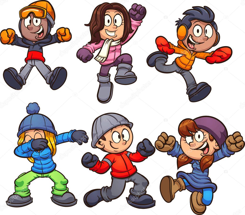 Cartoon kids in winter clothes. Vector clip art illustration with simple gradients. Each on a separate layer