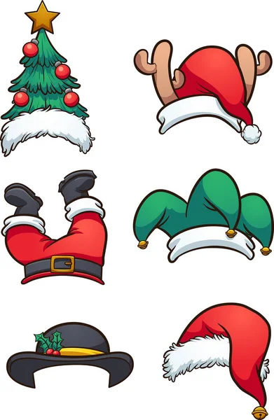 クリスマスの帽子を漫画します シンプルなグラデーション ベクター クリップ アート イラスト 別のレイヤーにそれぞれの帽子 — ストックベクタ