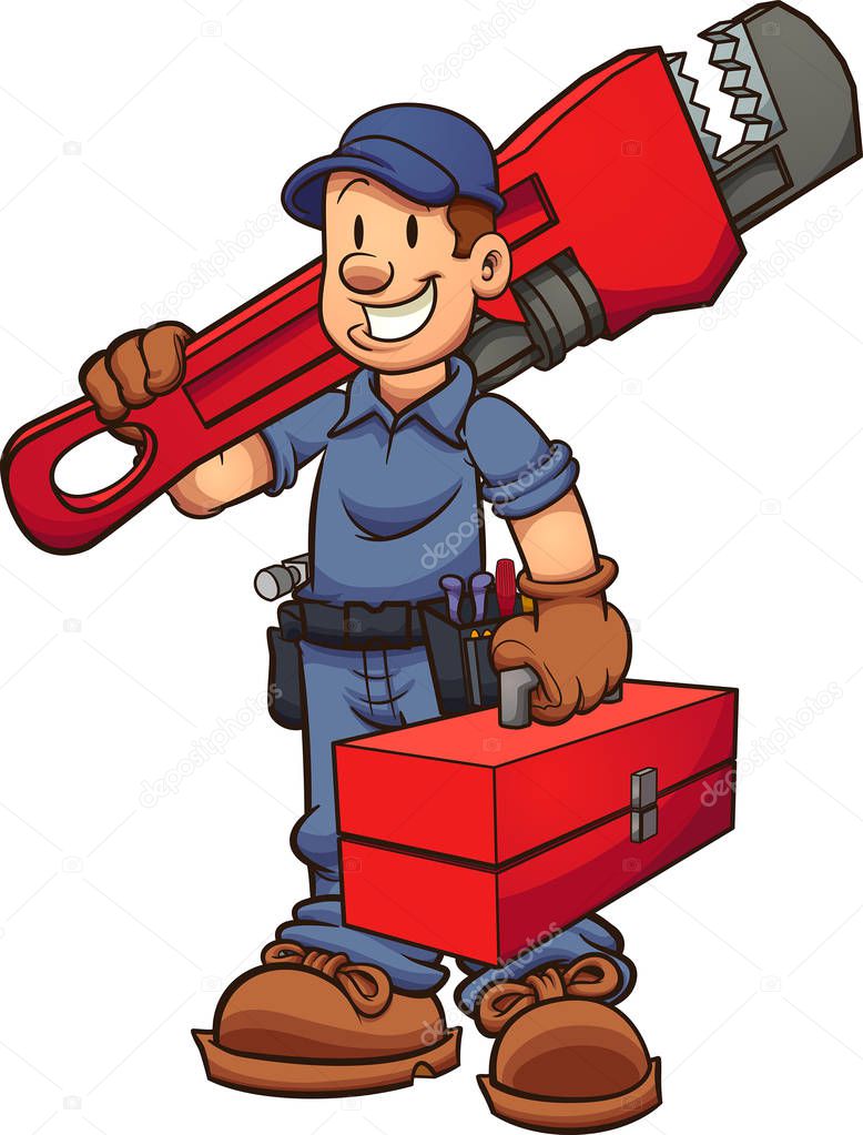 Cartoon plumber with oversized wrench on one hand and a toolbox in the other hand. Vector clip art illustration with simple gradients. Some elements on separate layers