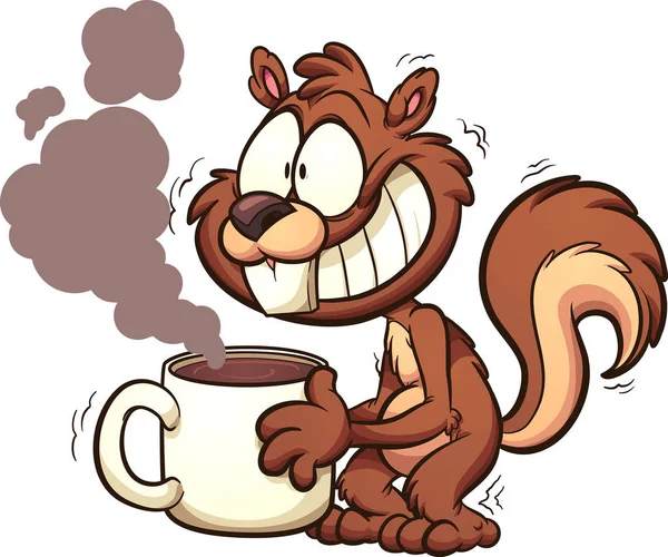 Caffeinated Squirrel Shaking Holding Big Cup Coffee Vector Clip Art — Stock Vector