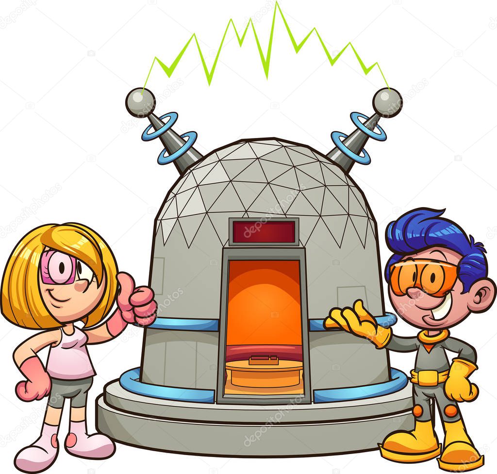 Cartoon girl and boy with time machine.  Vector clip art illustration with simple gradients. Some elements on separate layers.