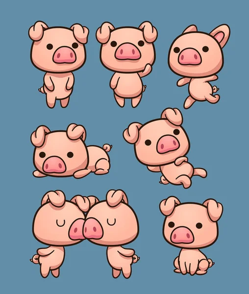 Cute Kawaii Cartoon Pigs Different Poses Vector Clip Art Illustration — Stock Vector