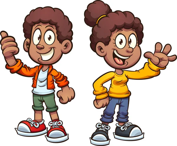 Feliz Crianças Negras Dos Desenhos Animados Acenando Vector Clip Ilustração — Vetor de Stock
