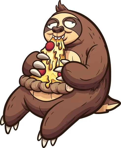 Fat Sloth Eating Slice Pizza Vector Clip Art Illustration Simple — Stock Vector