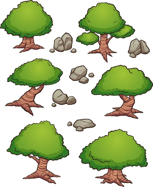 动画片岩石和树鸟图 向量剪贴画例证与简单的梯度 每个都在一个单独的图层上 — 图库矢量图片