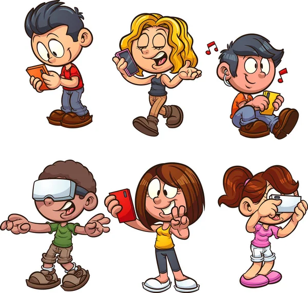 Cartoon Kids Using Smartphones Clip Art Vector Illustration Simple Gradients — Stock Vector