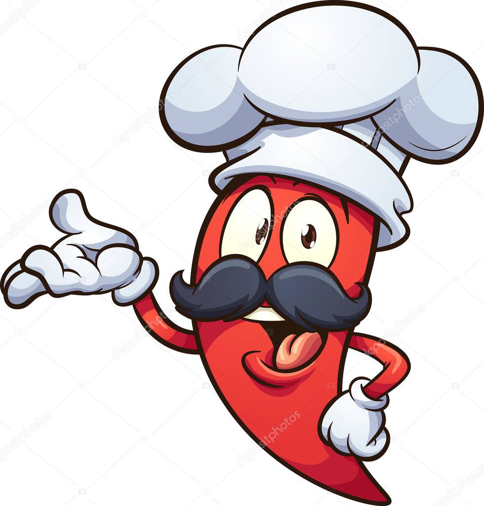 Cartoon red chili pepper with a chef hat clip art. Vector illustration with simple gradients. All in a single layer.