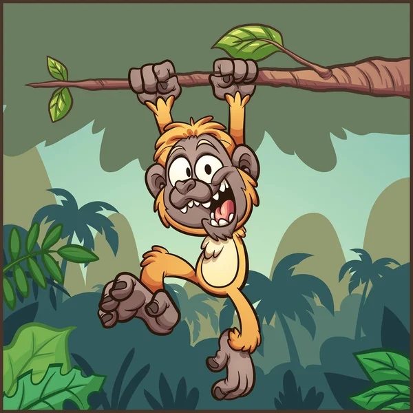 Cartoon Gibbon Monkey Hanging Branch Front Jungle Background Vector Illustration — Stock Vector