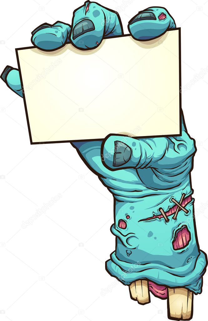 Cartoon severed zombie hand holding a blank card. Vector clip art illustration with simple gradients. All in a single layer.