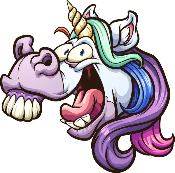 Crazy cartoon unicorn head laughing and neighing clip art. Vector illustration with simple gradients. All in a single layer.