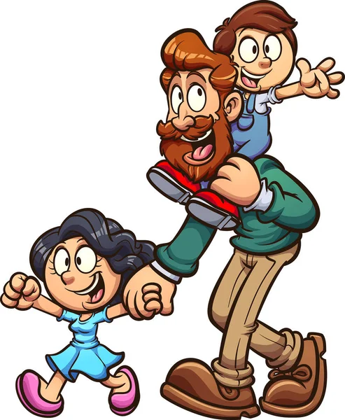 Padre Dibujos Animados Caminando Con Hijo Hija Vector Ilustración Clip — Vector de stock