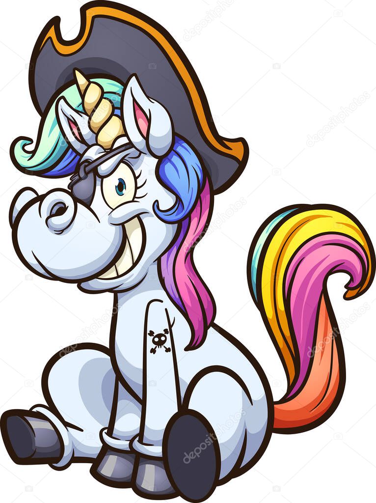 Cartoon pirate unicorn sitting down wiyh an evil smile. Vector cartoon clip art illustration with simple gradients. All on a single layer