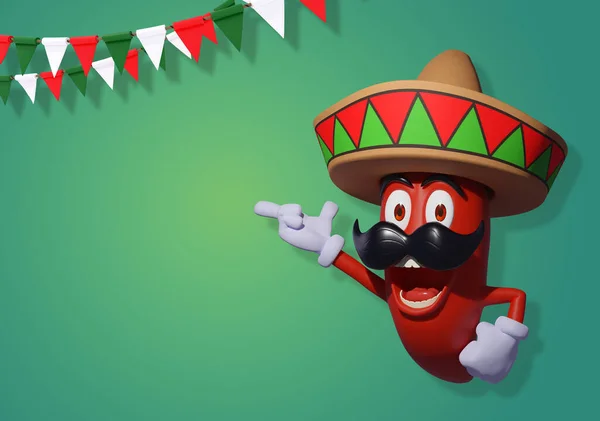Mexicaanse Rode Chili Peper Een Groene Achtergrond Met Wimpels Alle — Stockfoto