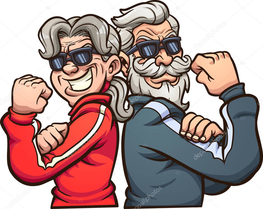 Cool elderly power couple wearing sunglasses. Vector clip art illustration with simple gradiensts. Each on a separate layer
