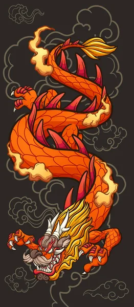 Cartoon Red Chinese Dragon Dark Cloud Background Vector Clip Art — Stock Vector
