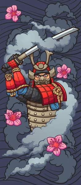 Samurai Dibujos Animados Envueltos Humo Con Flores Sakura Fondo Ondulado — Vector de stock