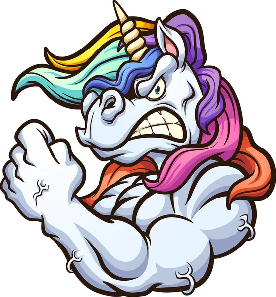 Strong Angry Unicorn Mascot Flexing Its Arm Vector Clip Art — Stock Vector