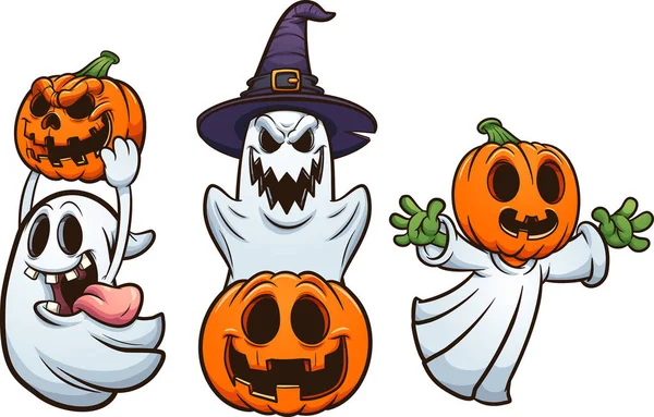Fantasmas Halloween Abóboras Com Sorrisos Malignos Vector Clip Ilustração Arte — Vetor de Stock