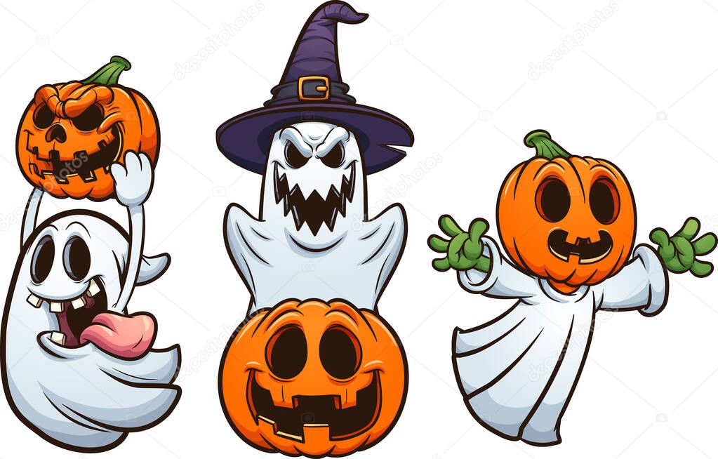 Halloween ghosts and pumpkins with evil smiles. Vector clip art illustration with simple gradients. Each on a separate layer.