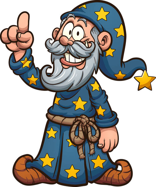 Cartoon wizard holding a finger up. Vector clip art illustration. All on a single layer