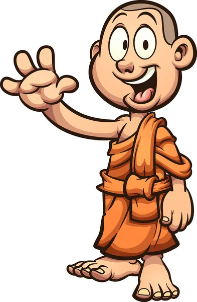 Happy Child Cartoon Buddhist Monk Waving Vector Clip Art Illustration — Stock Vector