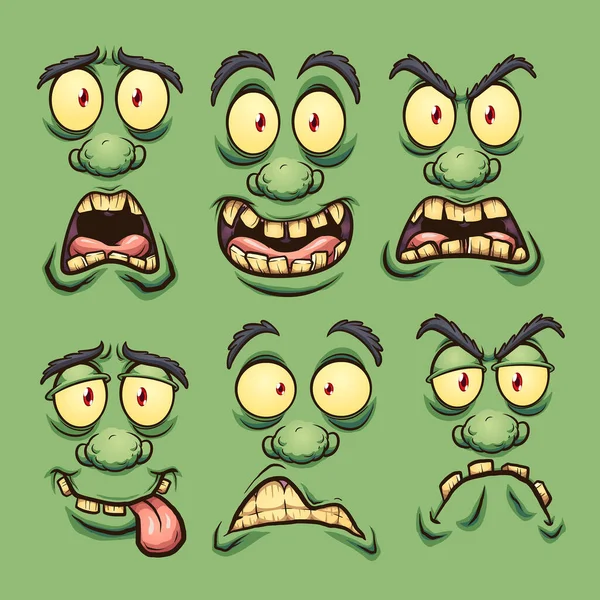 Caras Monstruo Verde Dibujos Animados Con Diferentes Expresiones Ilustración Del — Vector de stock
