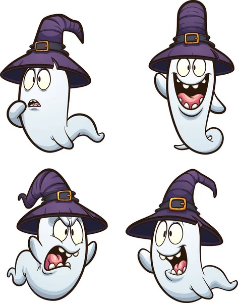 Fantasma Dibujos Animados Halloween Con Sombrero Bruja Diferentes Expresiones Ilustración — Archivo Imágenes Vectoriales