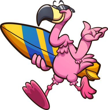 Güneş gözlüklü, elinde sörf tahtası olan havalı bir flamingo. Basit gradyanlı vektör klipsi çizimi. Hepsi tek bir katmanda.