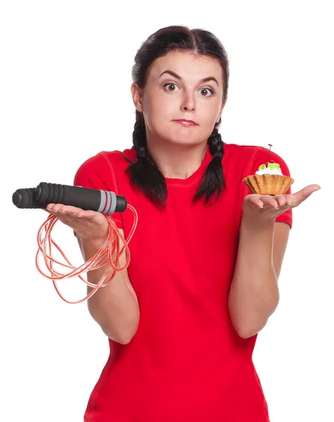 Hongerig Meisje Met Taart Meetlint Geïsoleerd Witte Achtergrond — Stockfoto