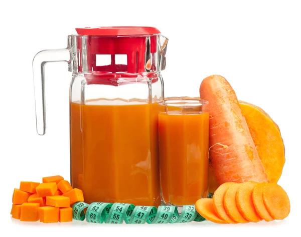 Свежая Здоровая Тыква Морковный Сок Изолированы Белом Фоне — стоковое фото