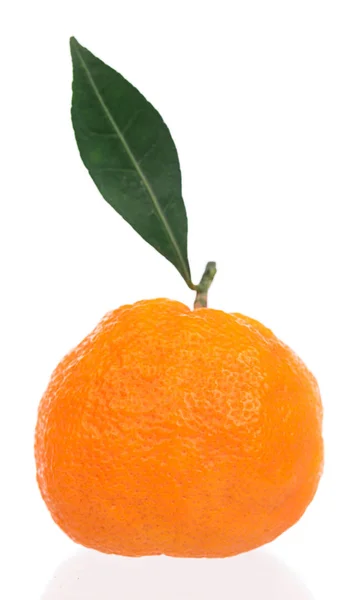 Frische Reife Mandarine Mit Grünem Blatt Isoliert Über Weißem Hintergrund — Stockfoto