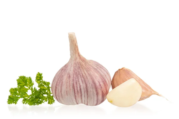 Garlic Bulb Fresh Parsley White Background Cutout — Stock Photo, Image