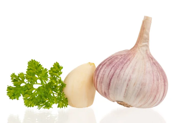 Garlic Bulb Fresh Parsley White Background Cutout — Stock Photo, Image