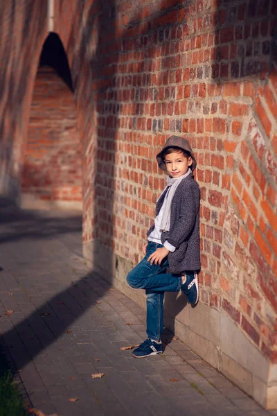 Sonbahar Şehrinin Arka Planında Sevimli Bir Çocuğun Portresi — Stok fotoğraf