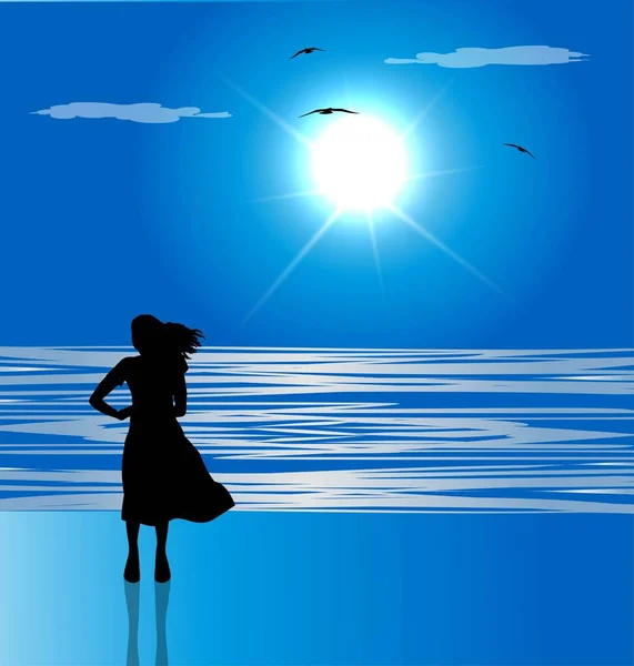 Silhouette Woman Beach Looking Sea Horizon — Stock Vector