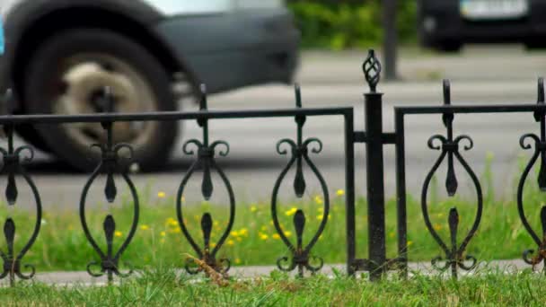 Bilar Och Fotgängare Rör Sig Längs Gatan — Stockvideo