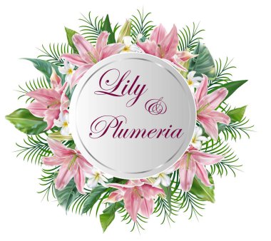 Etrafında çiçekler buket daire afiş lily, plumeria ve palmiye yaprakları