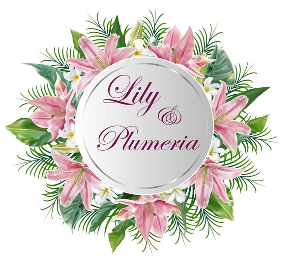 Bloemen Boeket Rond Cirkel Spandoek Met Lily Plumeria Palm Bladeren — Stockvector