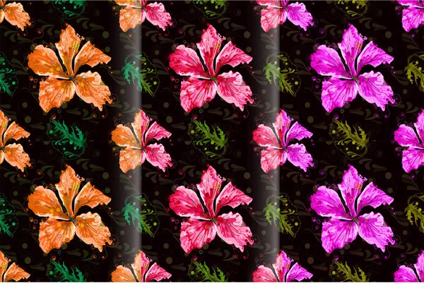 Sömlös Hibiscus Blomma Semi Abstrakta Stil Svart Bakgrund Vektorillustration — Stock vektor