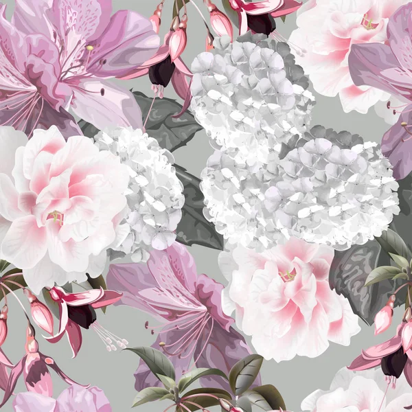 Patrón sin costura floral confunchsia, hortensias, azalea vector mal — Archivo Imágenes Vectoriales