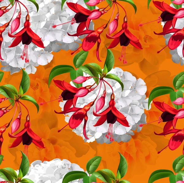 Patrón sin costura floral con funchsia, hortensias vector illustrat — Archivo Imágenes Vectoriales
