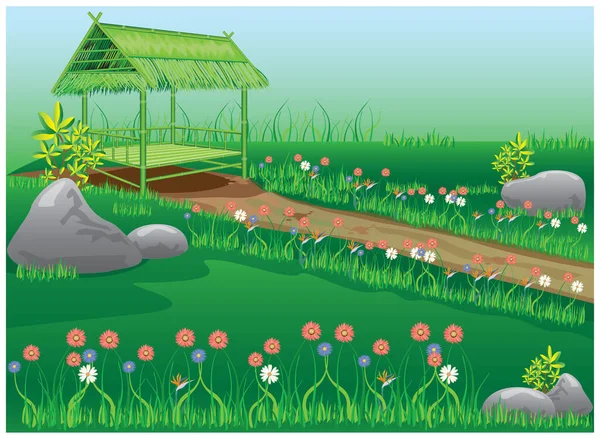 Hutte Paille Dans Jardin Fleurs — Image vectorielle