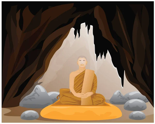 洞窟の中の僧侶の瞑想は — ストックベクタ
