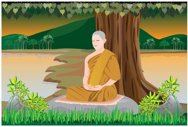 One Monk Meditation Tree Vector Design — Stock Vector