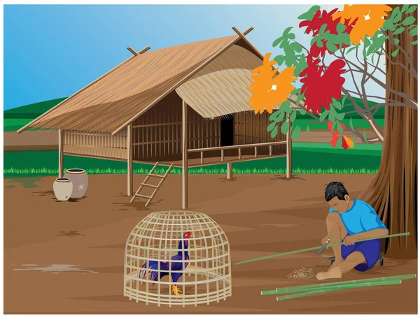 Agriculteur Asiatique Coupe Bambou Dans Village — Image vectorielle