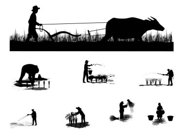 Siluetler beyaz üzerine izole edilmiş işçi çizimleri