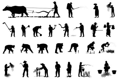 Siluetler beyaz üzerine izole edilmiş işçi çizimleri