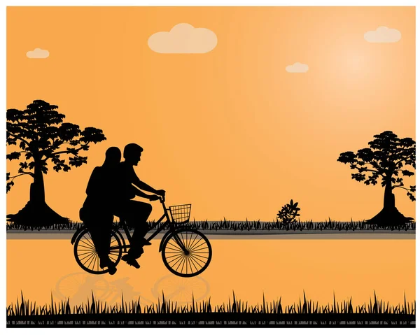 Silhueta Homem Uma Mulher Pôr Sol Andando Bicicleta Ilustração Vetorial — Vetor de Stock