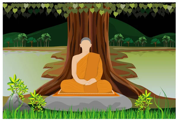 Meditación Monje Bajo Diseño Vectores Árboles — Vector de stock