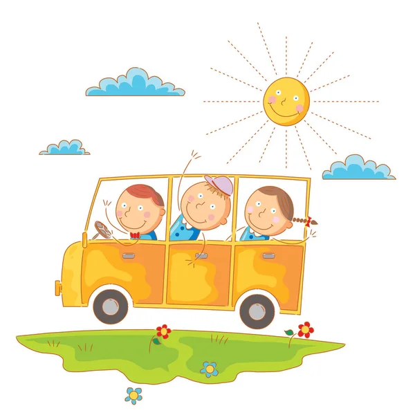 孩子们乘公交车去上学 — 图库矢量图片